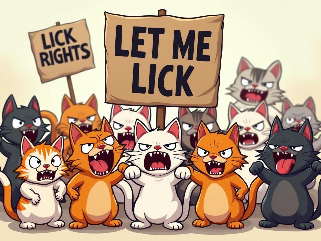 Very angry cats protest with furious expressions and arched backs holding LET ME LICK signs